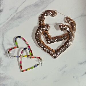 Chunky Rose Gold Heart Hoop Earrings + Multicolor Heart Wire Hoops